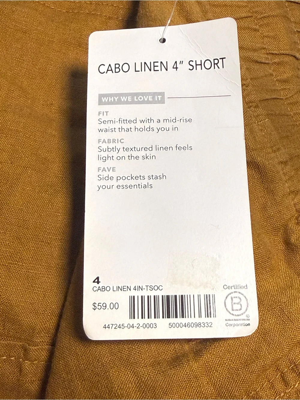 Athleta Cabo Linen 4” Shorts Size 4 NWT Ochre Mustard 100% Linen